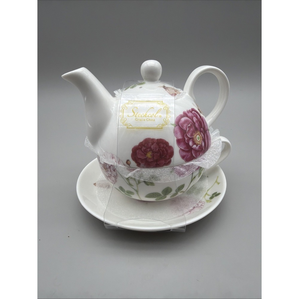 Stechcol Gracie Tea for One Teapot Cup Saucer Pink Floral Butterfly New